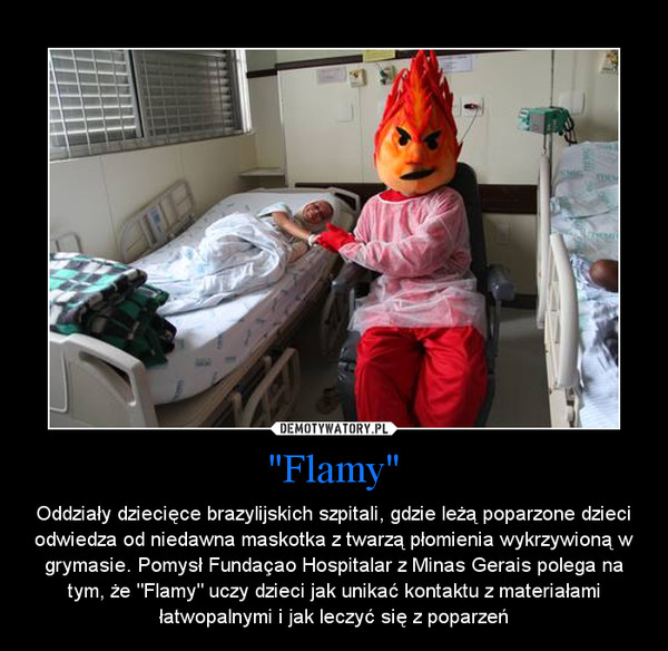 "Flamy" – Oddziały dziecięce brazylijskich szpitali, gdzie leżą poparzone dzieci odwiedza od niedawna maskotka z twarzą płomienia wykrzywioną w grymasie. Pomysł Fundaçao Hospitalar z Minas Gerais polega na tym, że "Flamy" uczy dzieci jak unikać kontaktu z materiałami łatwopalnymi i jak leczyć się z poparzeń 