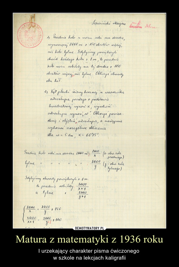 Matura z matematyki z 1936 roku – I urzekający charakter pisma ćwiczonego w szkole na lekcjach kaligrafii 
