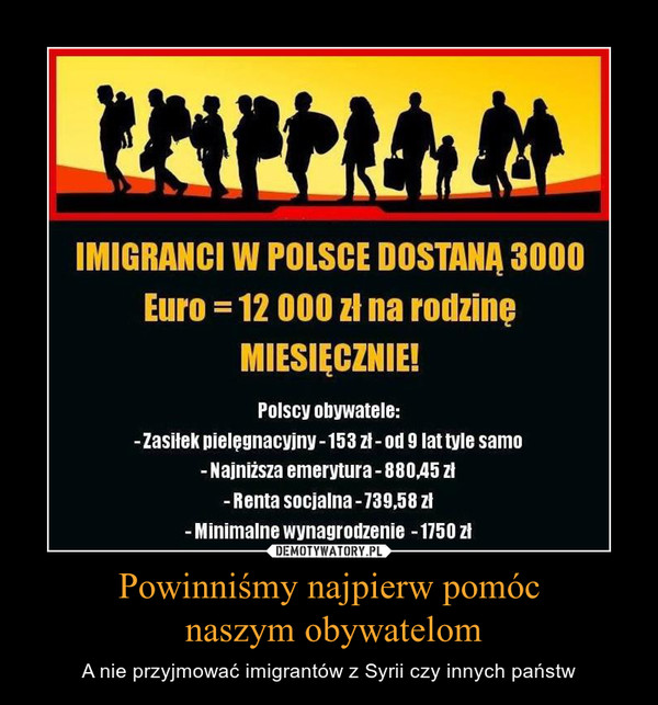 Powinniśmy najpierw pomóc naszym obywatelom – A nie przyjmować imigrantów z Syrii czy innych państw IMIGRANCI W POLSCE DOSTANĄ 3000 Euro =12 000 zł na rodzinę MIESIĘCZNIE! Polscy obywatele: -Zasiłek pielęgnacyjny -153 zł-od 9 lat tyle samo - Najniższa emerytura -880,45 zł - Renta socjalna -739,58 zł - Minimalne wynagrodzenie -1750 zł 