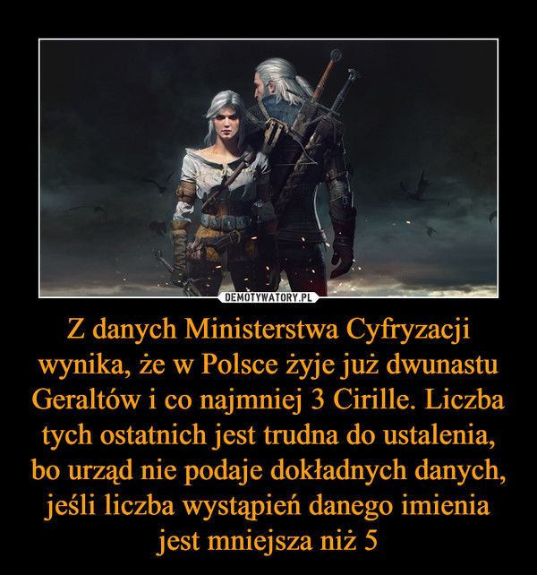 Z danych Ministerstwa Cyfryzacji wynika, że w Polsce żyje już dwunastu Geraltów i co najmniej 3 Cirille. Liczba tych ostatnich jest trudna do ustalenia, bo urząd nie podaje dokładnych danych, jeśli liczba wystąpień danego imienia jest mniejsza niż 5 –  