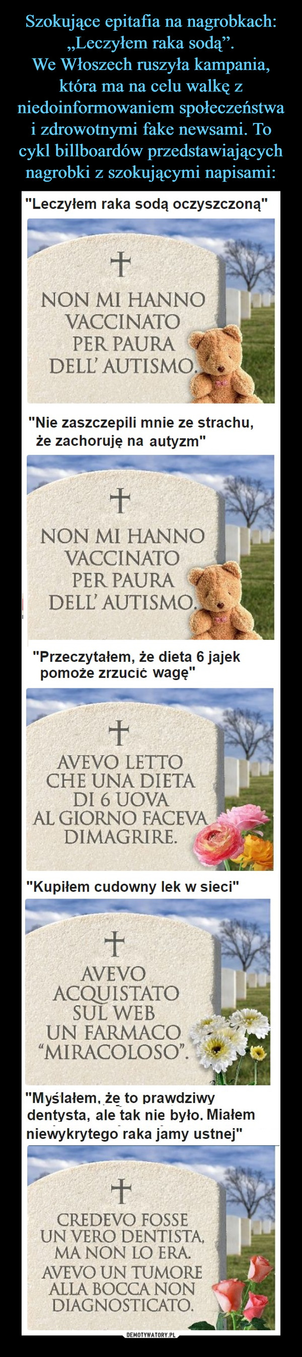 Szokujące epitafia na nagrobkach: „Leczyłem raka sodą”.
We Włoszech ruszyła kampania, która ma na celu walkę z niedoinformowaniem społeczeństwa i zdrowotnymi fake newsami. To cykl billboardów przedstawiających nagrobki z szokującymi napisami:
