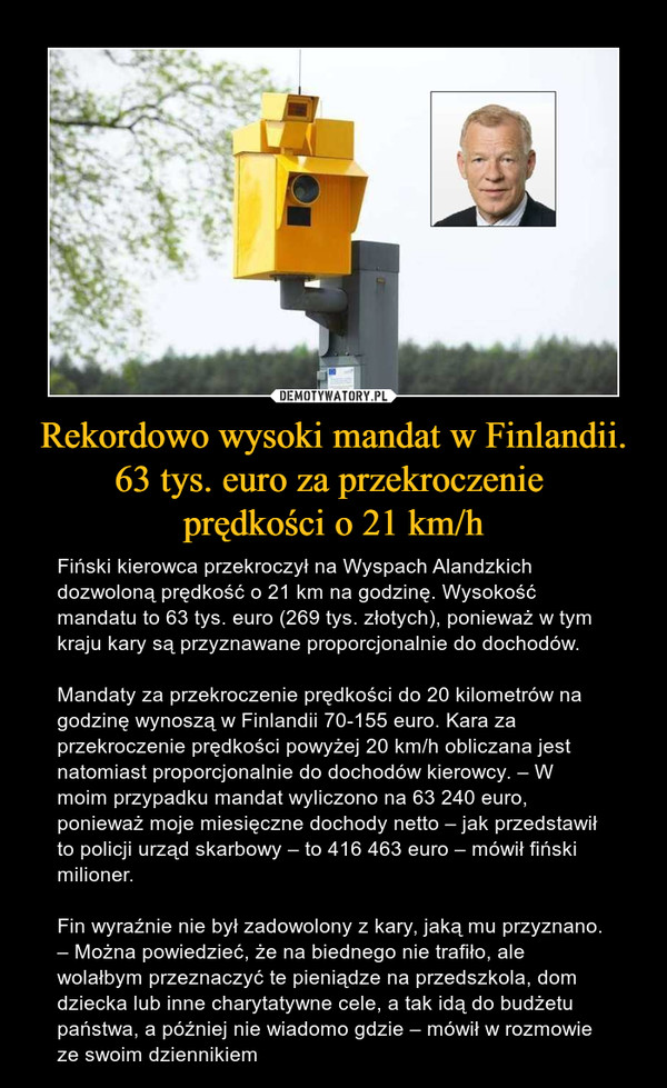 Rekordowo wysoki mandat w Finlandii. 63 tys. euro za przekroczenie 
prędkości o 21 km/h