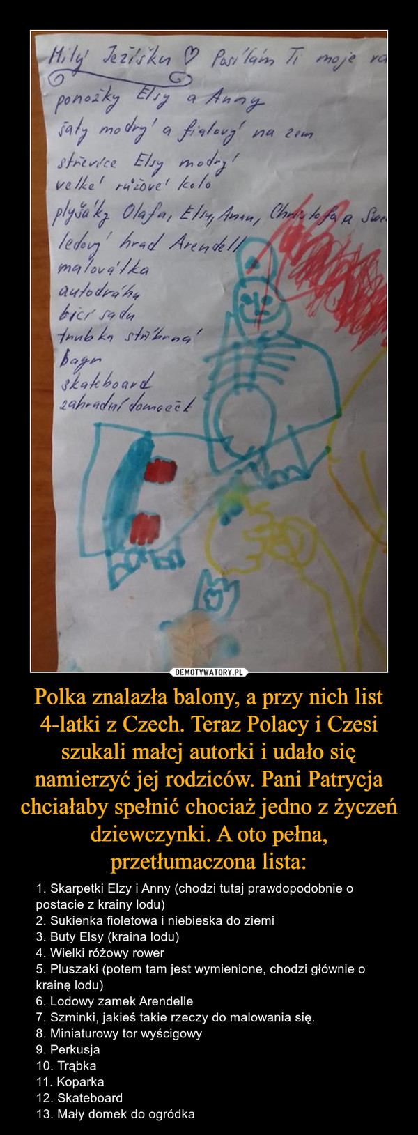 Polka znalazła balony, a przy nich list 4-latki z Czech. Teraz Polacy i Czesi szukali małej autorki i udało się namierzyć jej rodziców. Pani Patrycja chciałaby spełnić chociaż jedno z życzeń dziewczynki. A oto pełna, przetłumaczona lista:
