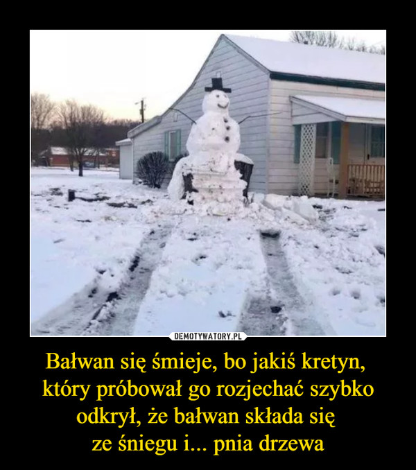 Bałwan się śmieje, bo jakiś kretyn, który próbował go rozjechać szybko odkrył, że bałwan składa się ze śniegu i... pnia drzewa –  