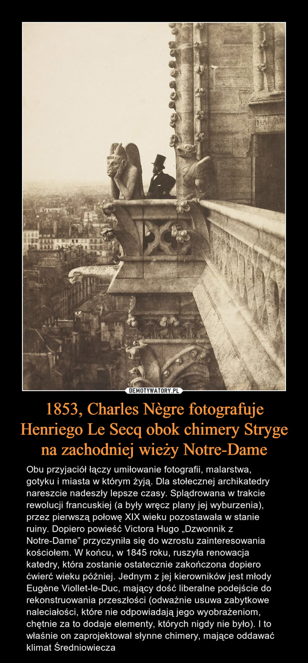 1853, Charles Nègre fotografuje Henriego Le Secq obok chimery Stryge na zachodniej wieży Notre-Dame – Obu przyjaciół łączy umiłowanie fotografii, malarstwa, gotyku i miasta w którym żyją. Dla stołecznej archikatedry nareszcie nadeszły lepsze czasy. Splądrowana w trakcie rewolucji francuskiej (a były wręcz plany jej wyburzenia), przez pierwszą połowę XIX wieku pozostawała w stanie ruiny. Dopiero powieść Victora Hugo „Dzwonnik z Notre-Dame” przyczyniła się do wzrostu zainteresowania kościołem. W końcu, w 1845 roku, ruszyła renowacja katedry, która zostanie ostatecznie zakończona dopiero ćwierć wieku później. Jednym z jej kierowników jest młody Eugène Viollet-le-Duc, mający dość liberalne podejście do rekonstruowania przeszłości (odważnie usuwa zabytkowe naleciałości, które nie odpowiadają jego wyobrażeniom, chętnie za to dodaje elementy, których nigdy nie było). I to właśnie on zaprojektował słynne chimery, mające oddawać klimat Średniowiecza 