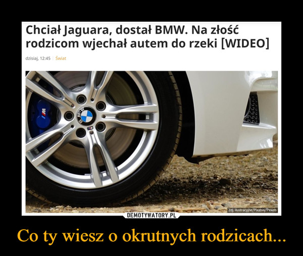 Co ty wiesz o okrutnych rodzicach... –  Chciał Jaguara, dostał BMW. Na złośćrodzicom wjechał autem do rzeki [WIDEO]dzisiaj, 12:45 ŚwiatZdj. ilustracyjne/Pixabay/PexelsW