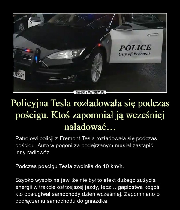 Policyjna Tesla rozładowała się podczas pościgu. Ktoś zapomniał ją wcześniej naładować…