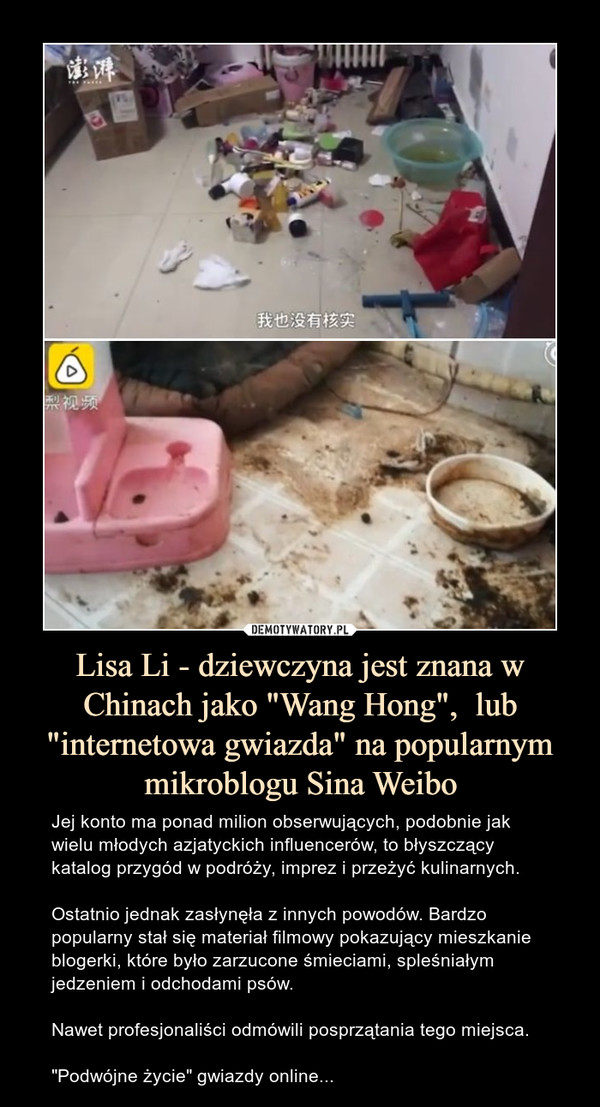 Lisa Li - dziewczyna jest znana w Chinach jako "Wang Hong",  lub "internetowa gwiazda" na popularnym mikroblogu Sina Weibo – Jej konto ma ponad milion obserwujących, podobnie jak wielu młodych azjatyckich influencerów, to błyszczący katalog przygód w podróży, imprez i przeżyć kulinarnych.Ostatnio jednak zasłynęła z innych powodów. Bardzo popularny stał się materiał filmowy pokazujący mieszkanie blogerki, które było zarzucone śmieciami, spleśniałym jedzeniem i odchodami psów.Nawet profesjonaliści odmówili posprzątania tego miejsca."Podwójne życie" gwiazdy online... 