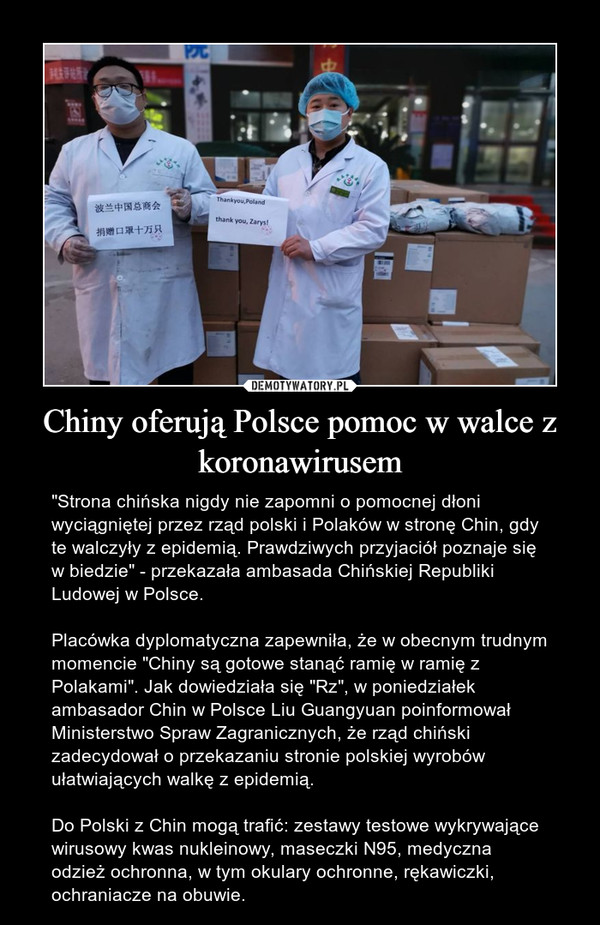 Chiny oferują Polsce pomoc w walce z koronawirusem