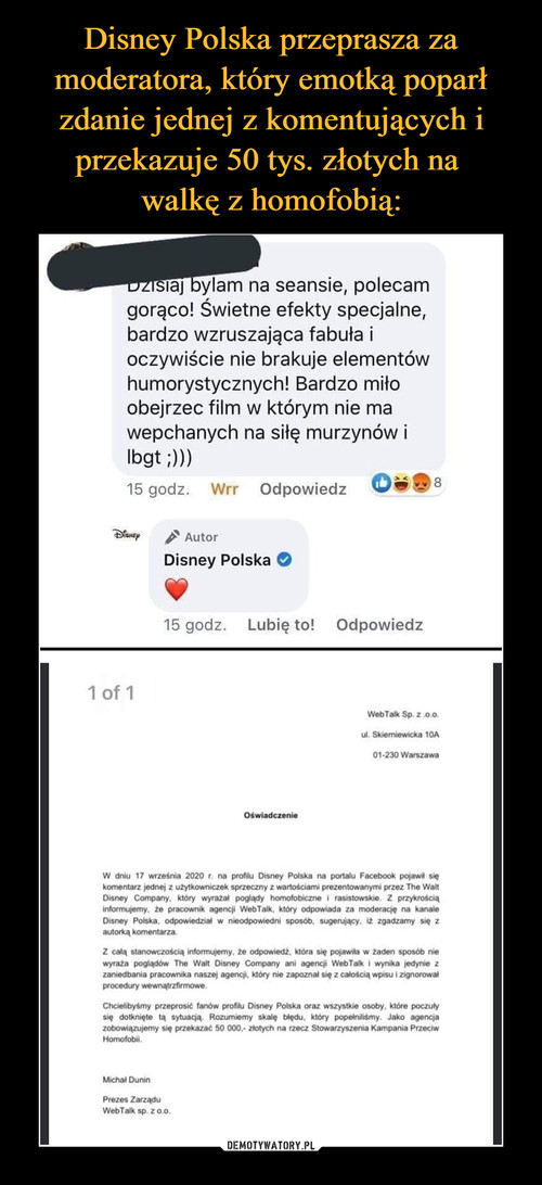Disney Polska przeprasza za moderatora, który emotką poparł zdanie jednej z komentujących i przekazuje 50 tys. złotych na 
walkę z homofobią: