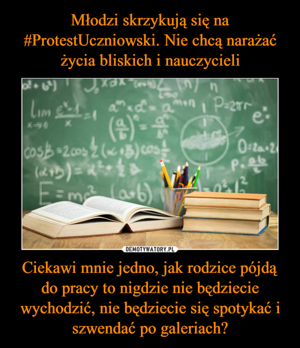 Młodzi skrzykują się na #ProtestUczniowski. Nie chcą narażać życia bliskich i nauczycieli Ciekawi mnie jedno, jak rodzice pójdą do pracy to nigdzie nie będziecie wychodzić, nie będziecie się spotykać i szwendać po galeriach?