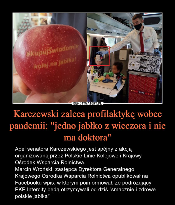 Karczewski zaleca profilaktykę wobec pandemii: "jedno jabłko z wieczora i nie ma doktora" – Apel senatora Karczewskiego jest spójny z akcją organizowaną przez Polskie Linie Kolejowe i Krajowy Ośrodek Wsparcia Rolnictwa.Marcin Wroński, zastępca Dyrektora Generalnego Krajowego Ośrodka Wsparcia Rolnictwa opublikował na Facebooku wpis, w którym poinformował, że podróżujący PKP Intercity będą otrzymywali od dziś "smacznie i zdrowe polskie jabłka" 