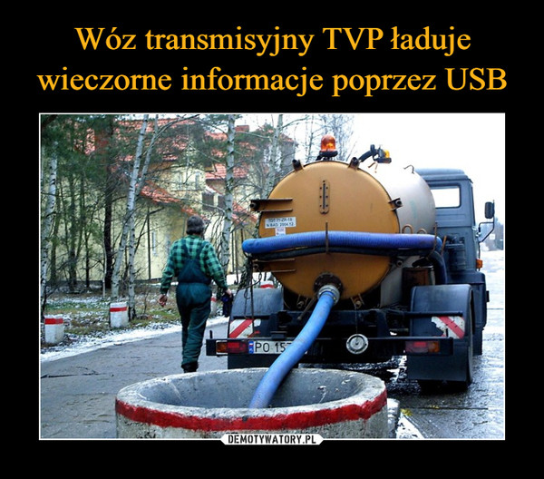 Wóz transmisyjny TVP ładuje wieczorne informacje poprzez USB