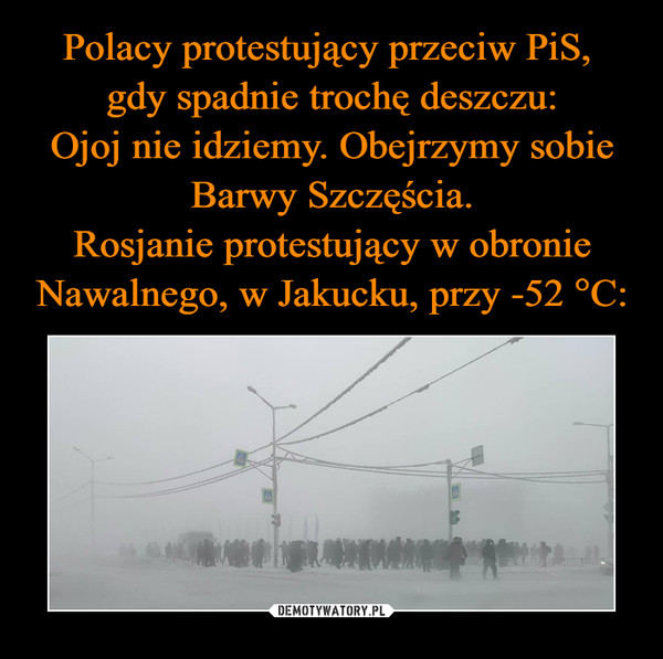 Polacy protestujący przeciw PiS, 
gdy spadnie trochę deszczu:
Ojoj nie idziemy. Obejrzymy sobie Barwy Szczęścia.
Rosjanie protestujący w obronie Nawalnego, w Jakucku, przy -52 °C: