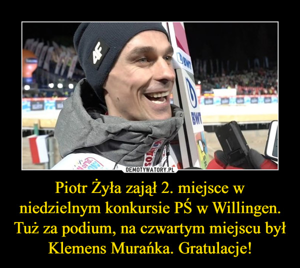 Piotr Żyła zajął 2. miejsce w niedzielnym konkursie PŚ w Willingen. Tuż za podium, na czwartym miejscu był Klemens Murańka. Gratulacje!