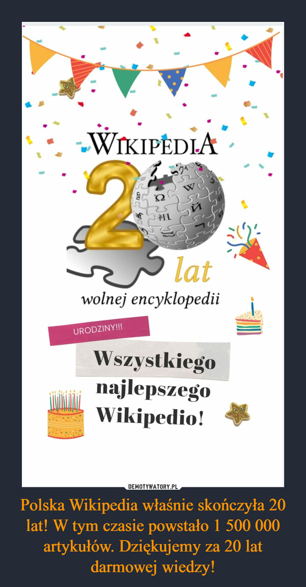 Polska Wikipedia właśnie skończyła 20 lat! W tym czasie powstało 1 500 000 artykułów. Dziękujemy za 20 lat darmowej wiedzy!