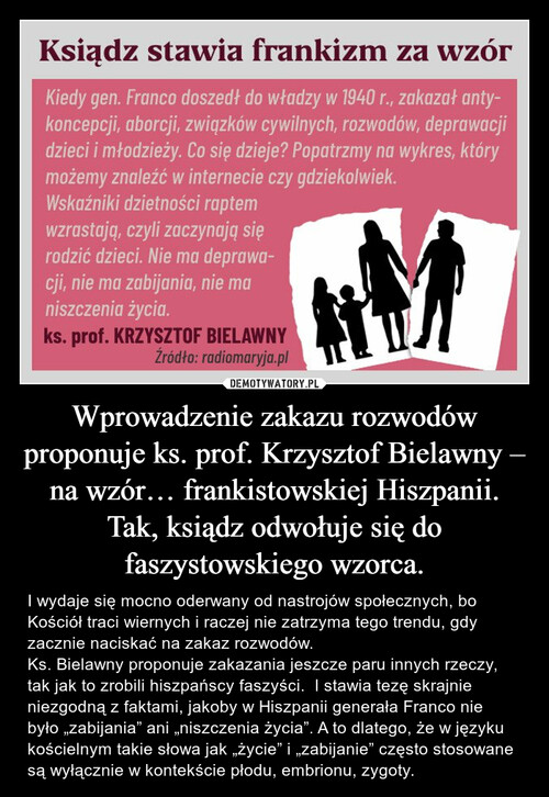 Wprowadzenie zakazu rozwodów proponuje ks. prof. Krzysztof Bielawny – na wzór… frankistowskiej Hiszpanii. Tak, ksiądz odwołuje się do faszystowskiego wzorca.