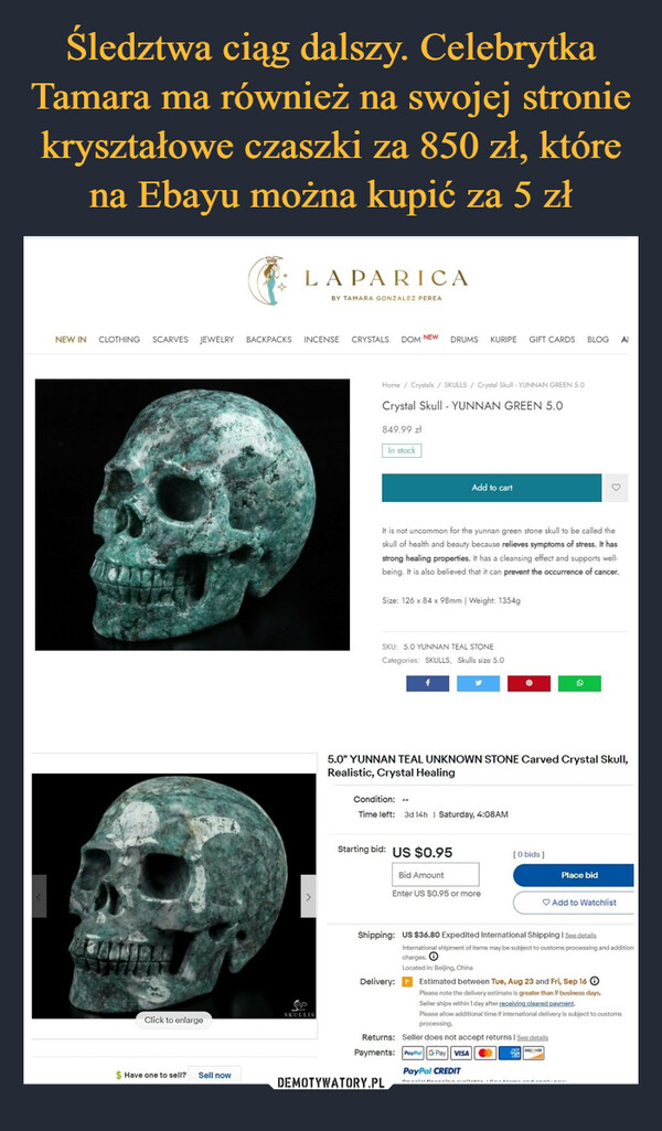Śledztwa ciąg dalszy. Celebrytka Tamara ma również na swojej stronie kryształowe czaszki za 850 zł, które na Ebayu można kupić za 5 zł
