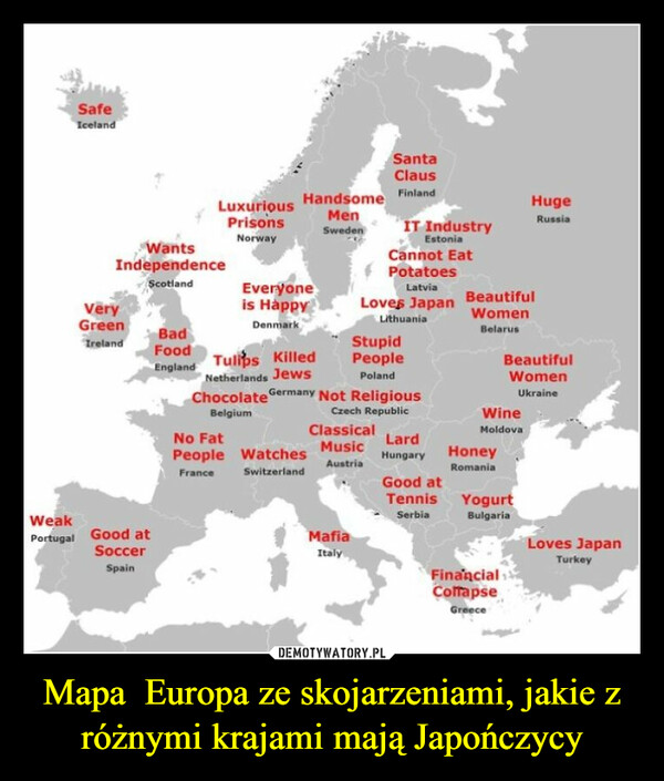 Mapa  Europa ze skojarzeniami, jakie z różnymi krajami mają Japończycy –  