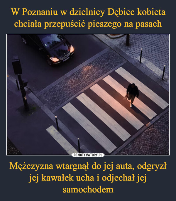 W Poznaniu w dzielnicy Dębiec kobieta chciała przepuścić pieszego na pasach Mężczyzna wtargnął do jej auta, odgryzł jej kawałek ucha i odjechał jej samochodem