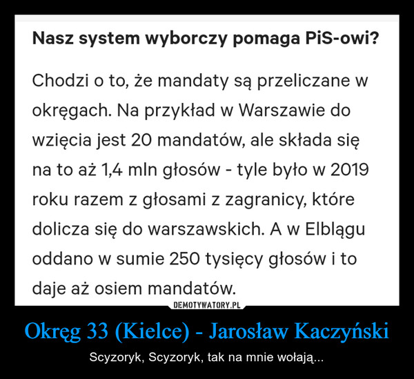 Okręg 33 (Kielce) - Jarosław Kaczyński – Scyzoryk, Scyzoryk, tak na mnie wołają... Nasz system wyborczy pomaga PiS-owi?Chodzi o to, że mandaty są przeliczane wokręgach. Na przykład w Warszawie dowzięcia jest 20 mandatów, ale składa sięna to aż 1,4 mln głosów - tyle było w 2019roku razem z głosami z zagranicy, któredolicza się do warszawskich. A w Elbląguoddano w sumie 250 tysięcy głosów i todaje aż osiem mandatów.