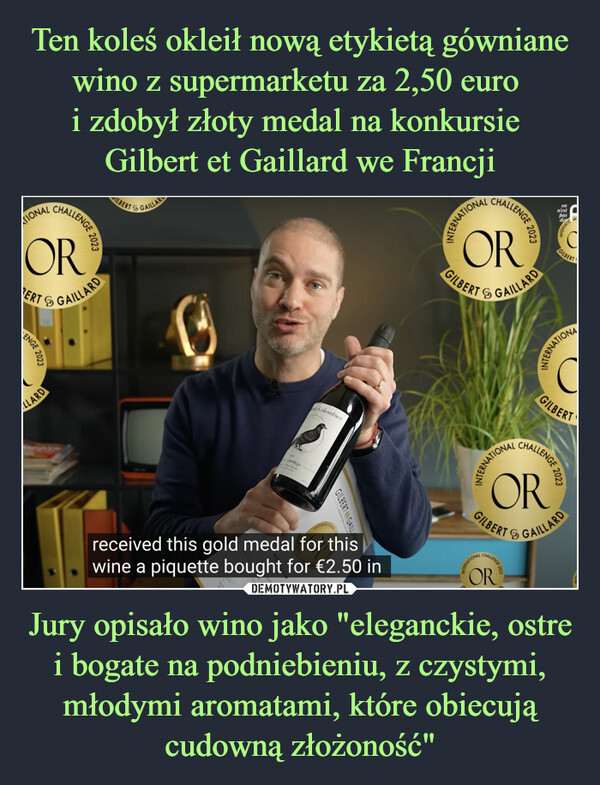 Jury opisało wino jako "eleganckie, ostre i bogate na podniebieniu, z czystymi, młodymi aromatami, które obiecują cudowną złożoność" –  TIONALENGECHALLENGEORBERT & GAILLARDLLARDE 2023LBERTGAILLARGILBERT GAILLINTERNATIONALreceived this gold medal for thiswine a piquette bought for €2.50 inORGILBERTHALLENGE 2023INTERNATIONGAILLARDALLENGE 2023onn'estpasORdesORCLBERT & GAILLARDJAGILBERTCHALLENGEINTERNATICGILBERTINTERNATIONALE 2023