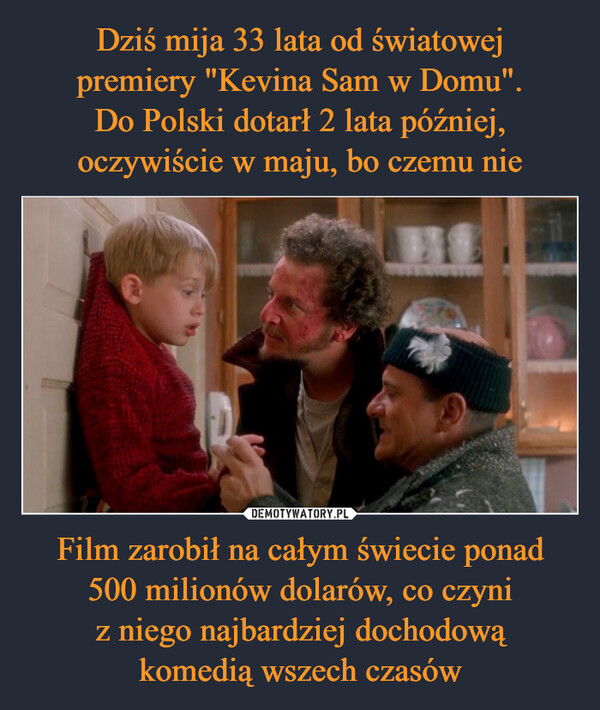 Dziś mija 33 lata od światowej
premiery "Kevina Sam w Domu".
Do Polski dotarł 2 lata później,
oczywiście w maju, bo czemu nie Film zarobił na całym świecie ponad
500 milionów dolarów, co czyni
z niego najbardziej dochodową
komedią wszech czasów