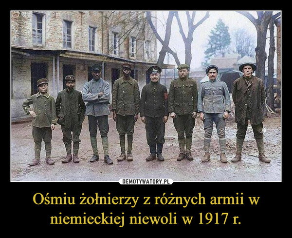 Ośmiu żołnierzy z różnych armii w niemieckiej niewoli w 1917 r. –  "8 soldiers of different nationalities in German captivity, 1917"
