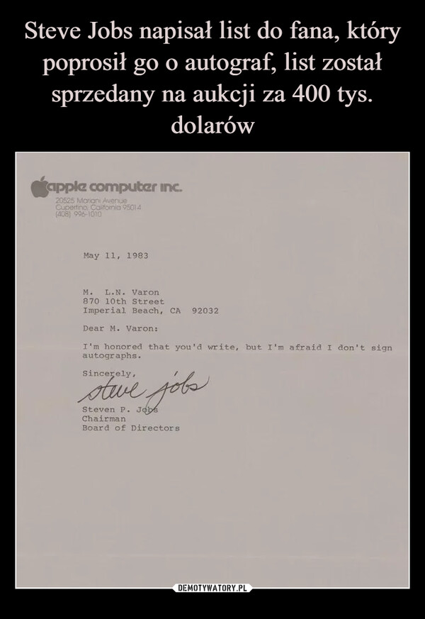 Steve Jobs napisał list do fana, który poprosił go o autograf, list został sprzedany na aukcji za 400 tys. dolarów